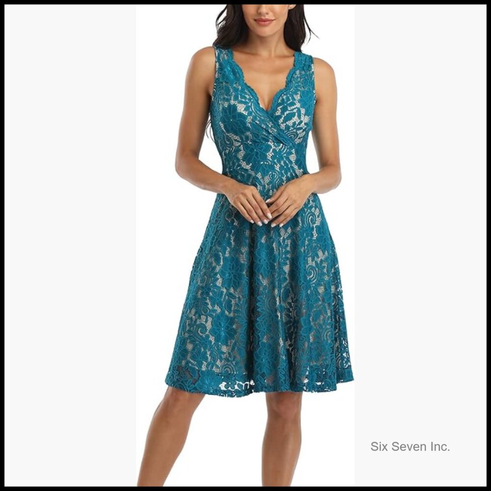 Floral Lace Overlay Fit And Flare Dress V-Neck Knee Length Cocktail